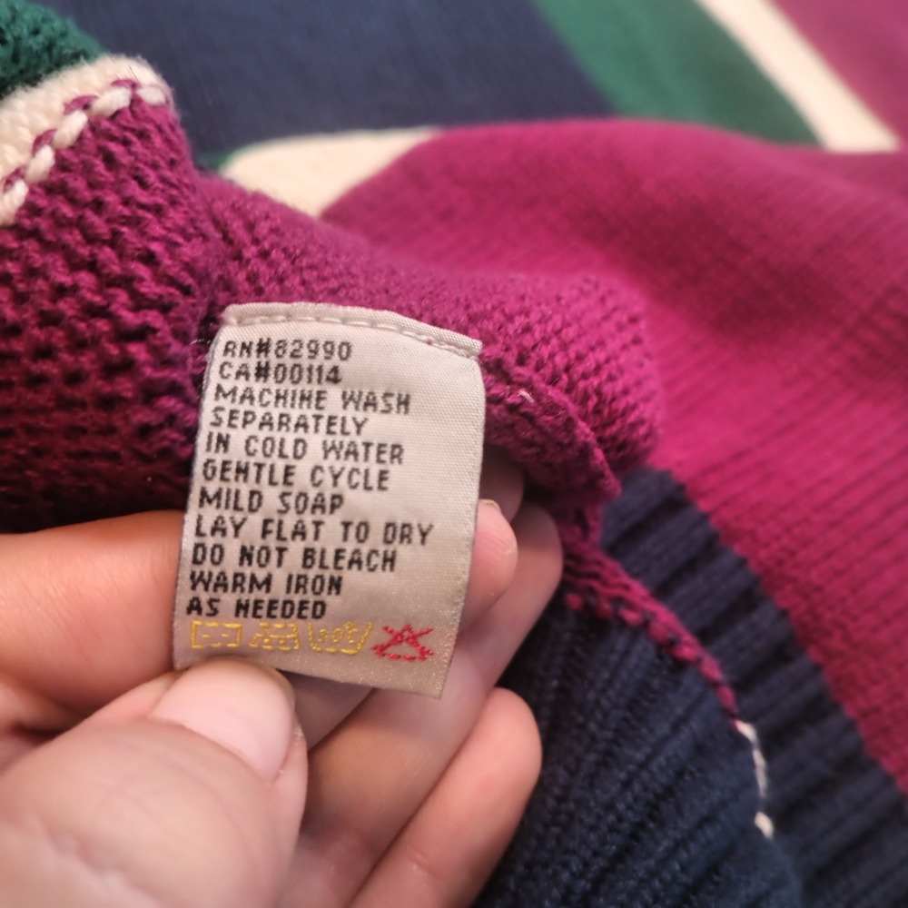 SIEGFRIED Vtg XL Color Block Striped Knit Button Shawl Varsity Crest Sweater - Picture 12 of 12